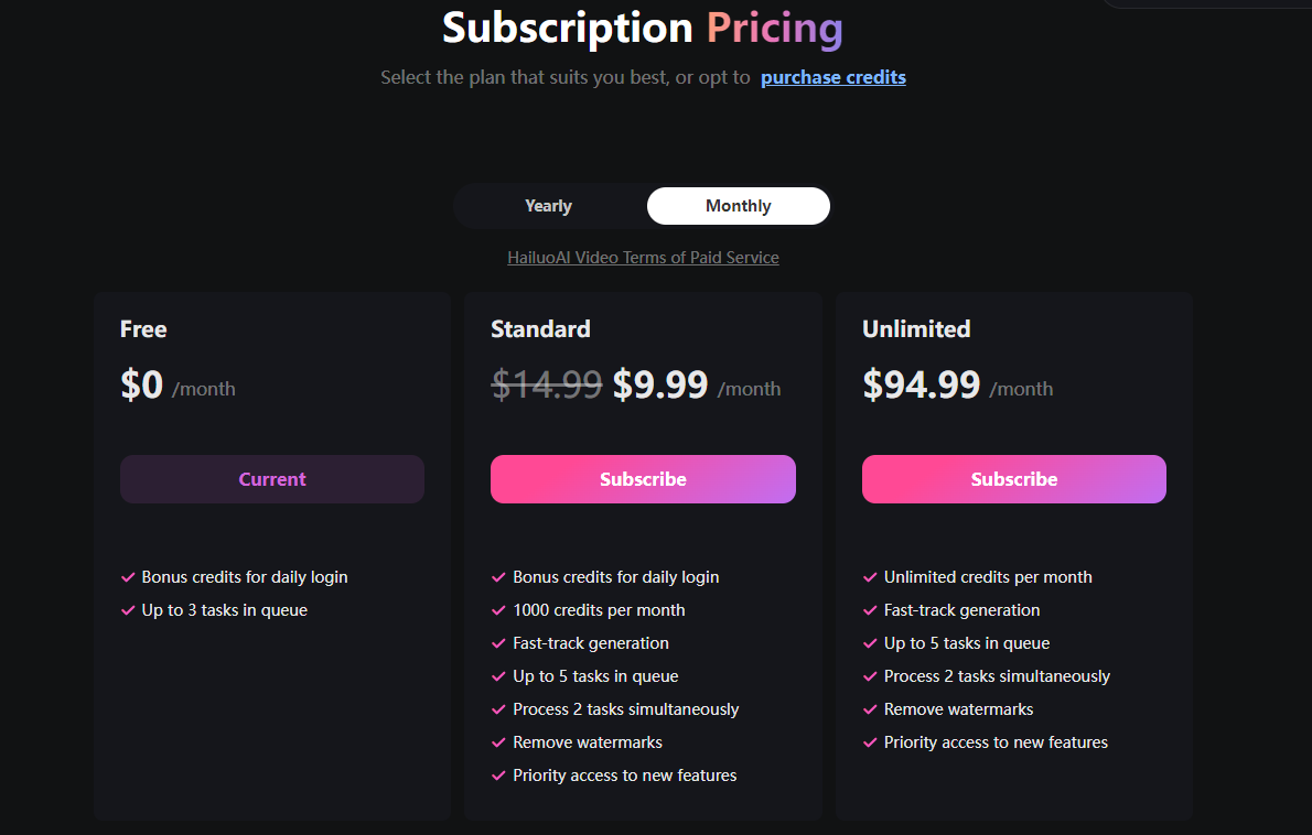 Hailuo AI Subscription Pricing Plan